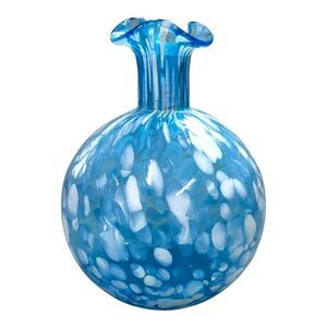 Handblown Art Glass Vase Bulbous Ruffled Edge Blue & White Polka Dot Accent MCM